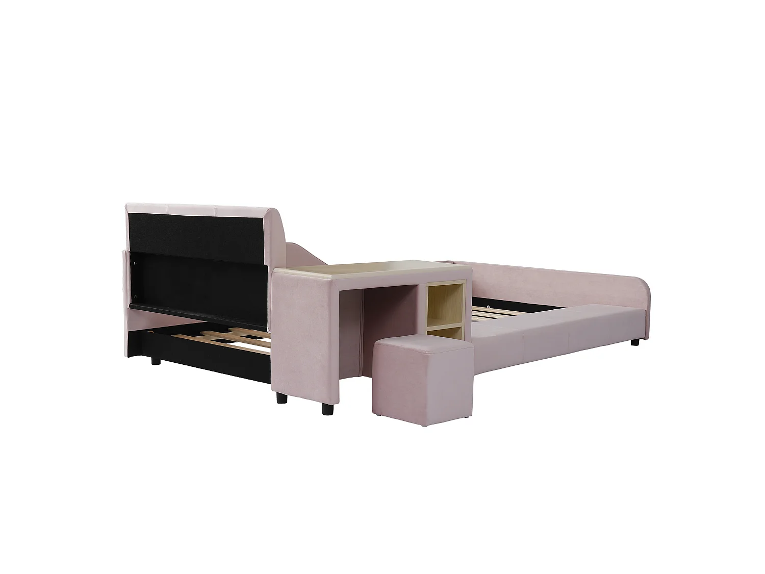 Lit enfant 90x200 cm avec bureau et tabouret - Lit simple en velours rose