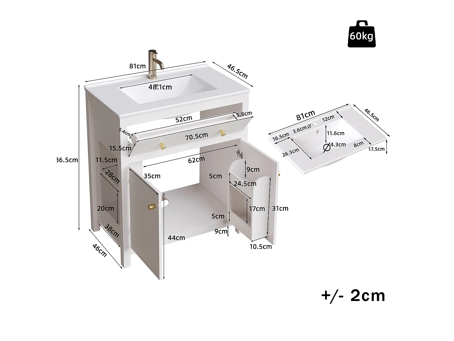 Badkamermeubel met keramische wastafel - 81 cm - Wit
