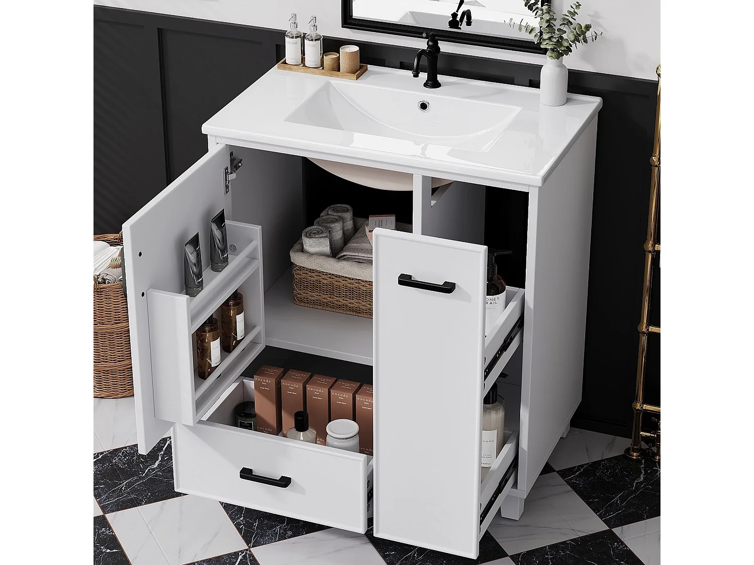 Mobiletto da bagno autoportante, larghezza 76,5 cm, con lavabo integrato - Bianco