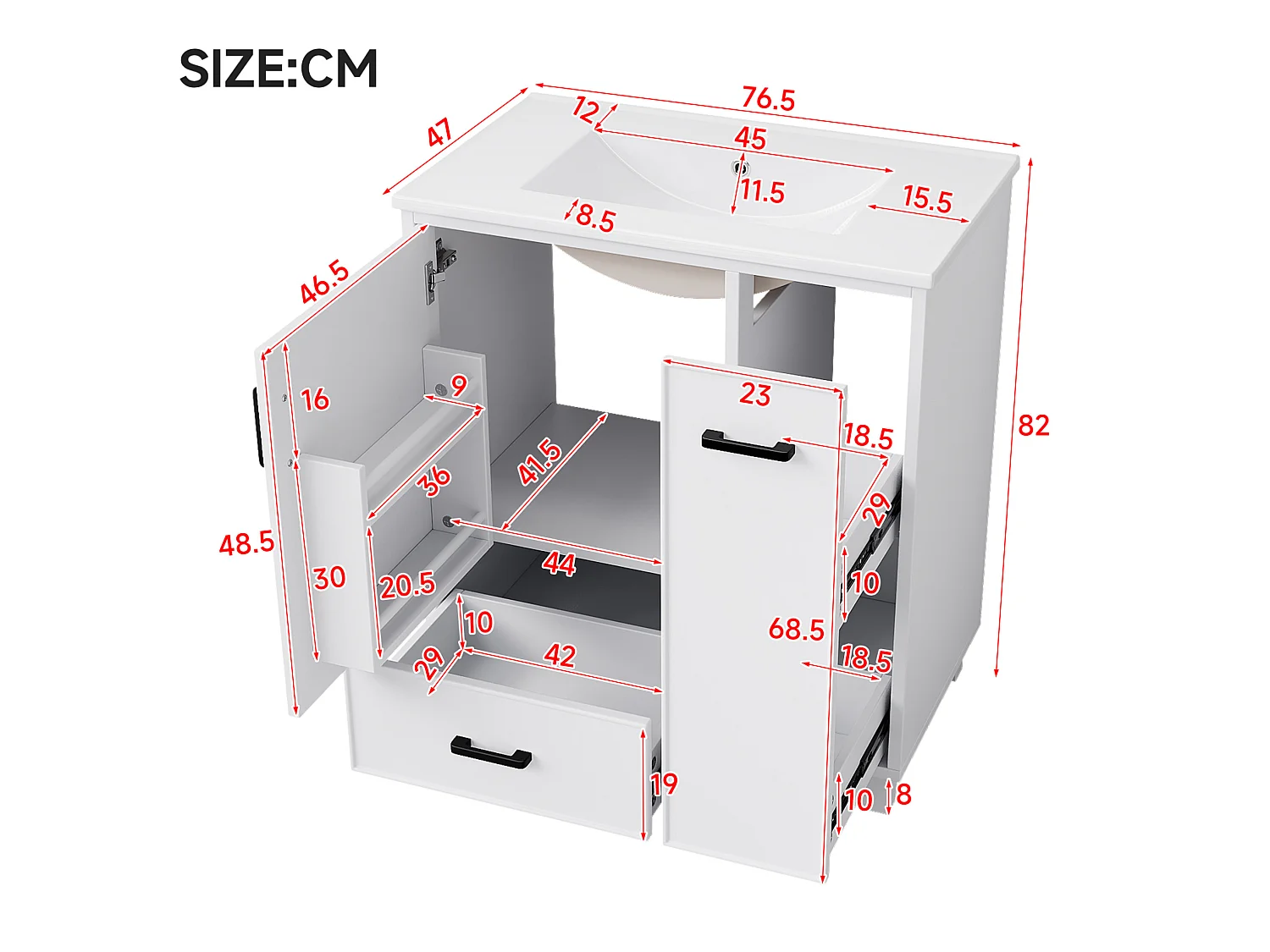 Mobiletto da bagno autoportante, larghezza 76,5 cm, con lavabo integrato - Bianco
