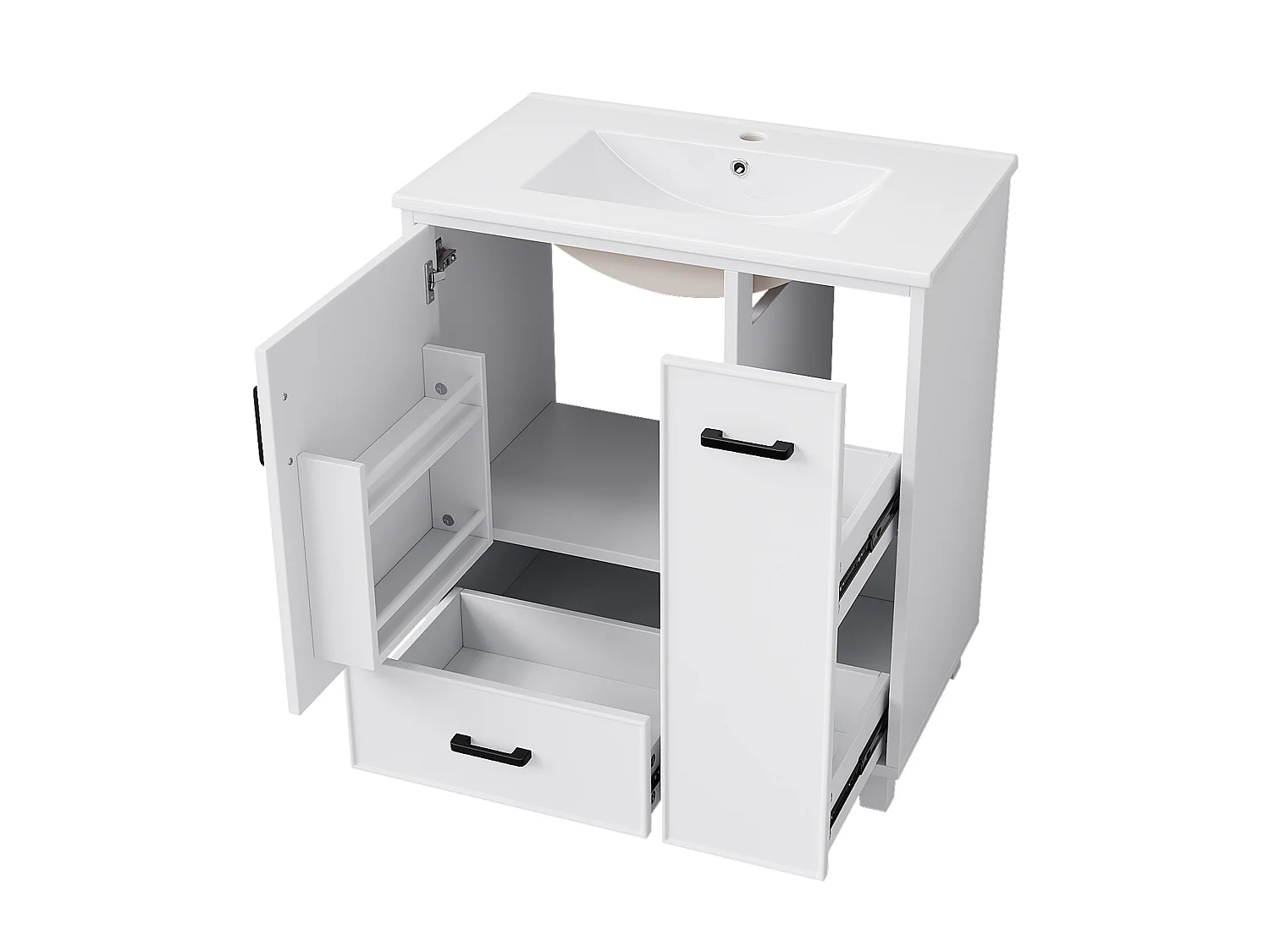 Mobiletto da bagno autoportante, larghezza 76,5 cm, con lavabo integrato - Bianco