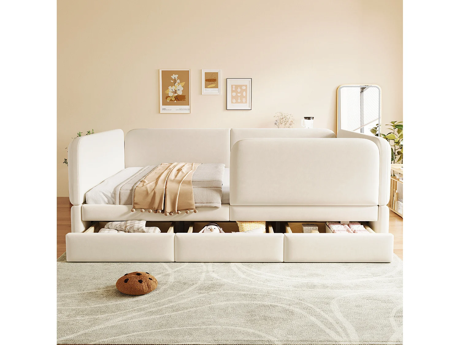 Lit enfant 140 x 200 cm en velours avec barrière de sécurité enveloppante -Beige
