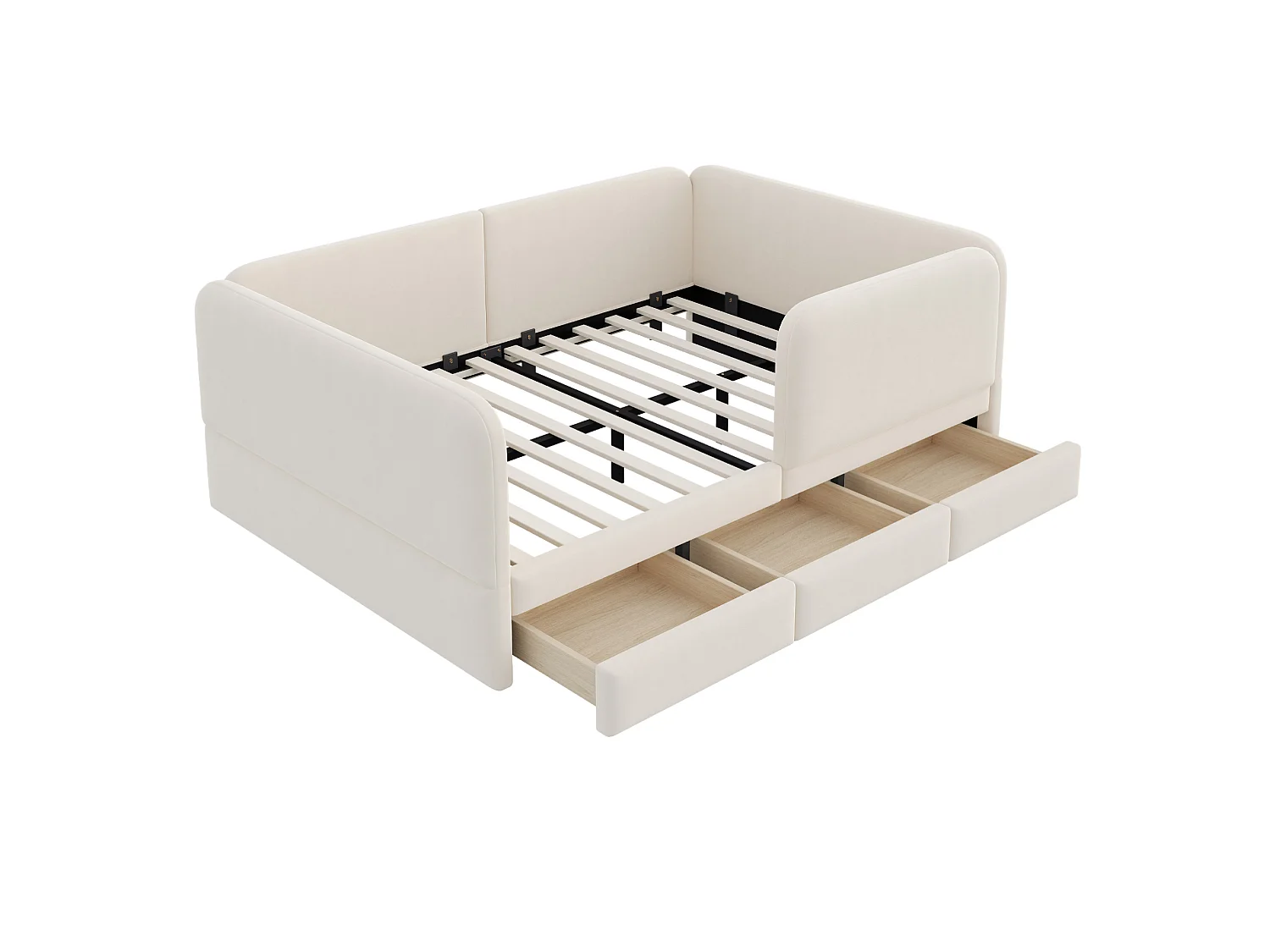 Lit enfant 140 x 200 cm en velours avec barrière de sécurité enveloppante -Beige
