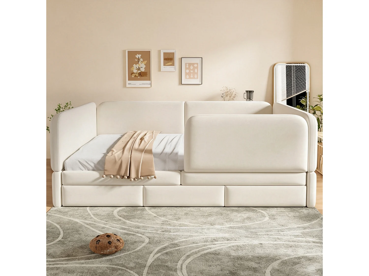 Lit enfant 140 x 200 cm en velours avec barrière de sécurité enveloppante -Beige