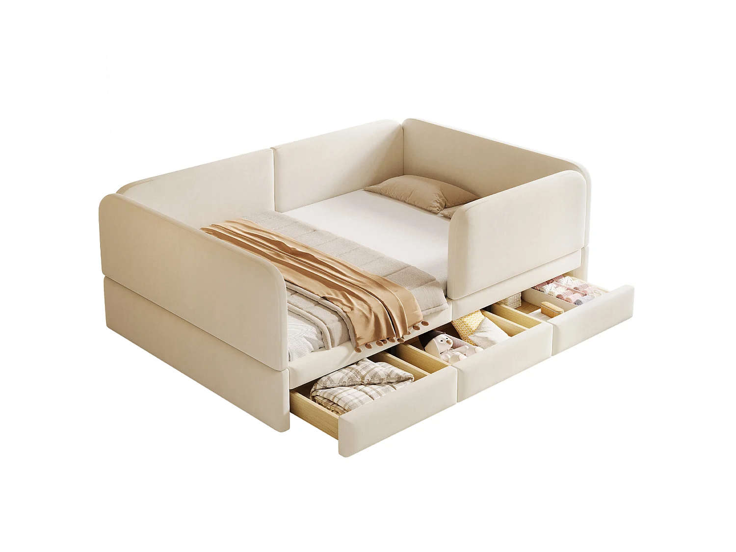 Lit enfant 140 x 200 cm en velours avec barrière de sécurité enveloppante -Beige