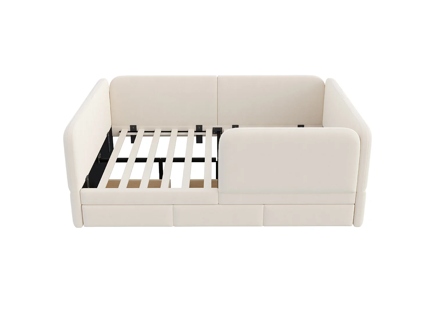 Lit enfant 140 x 200 cm en velours avec barrière de sécurité enveloppante -Beige