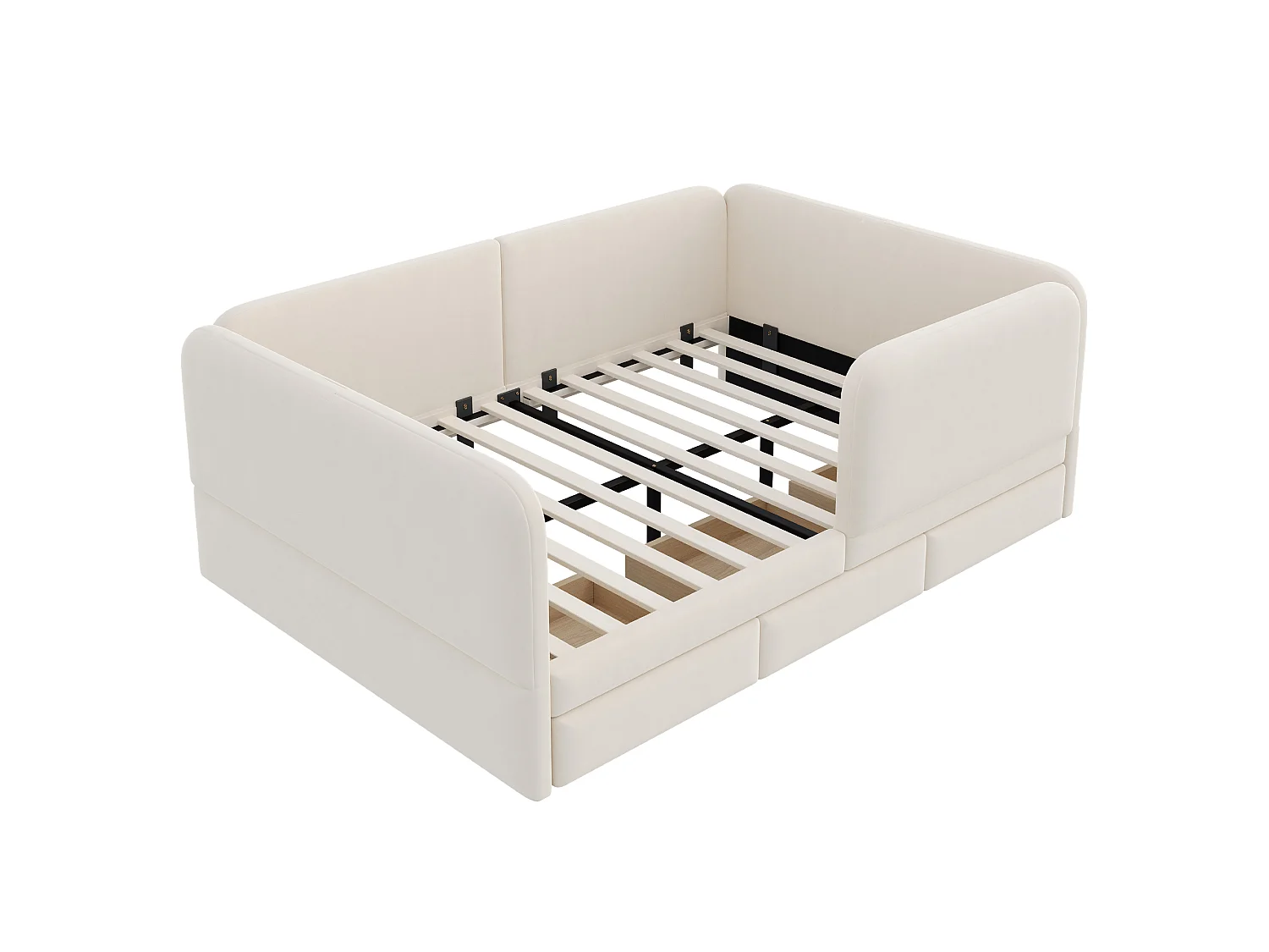 Lit enfant 140x200 beige, rembourré, avec tiroirs et coins arrondis, pour chambre d'ado