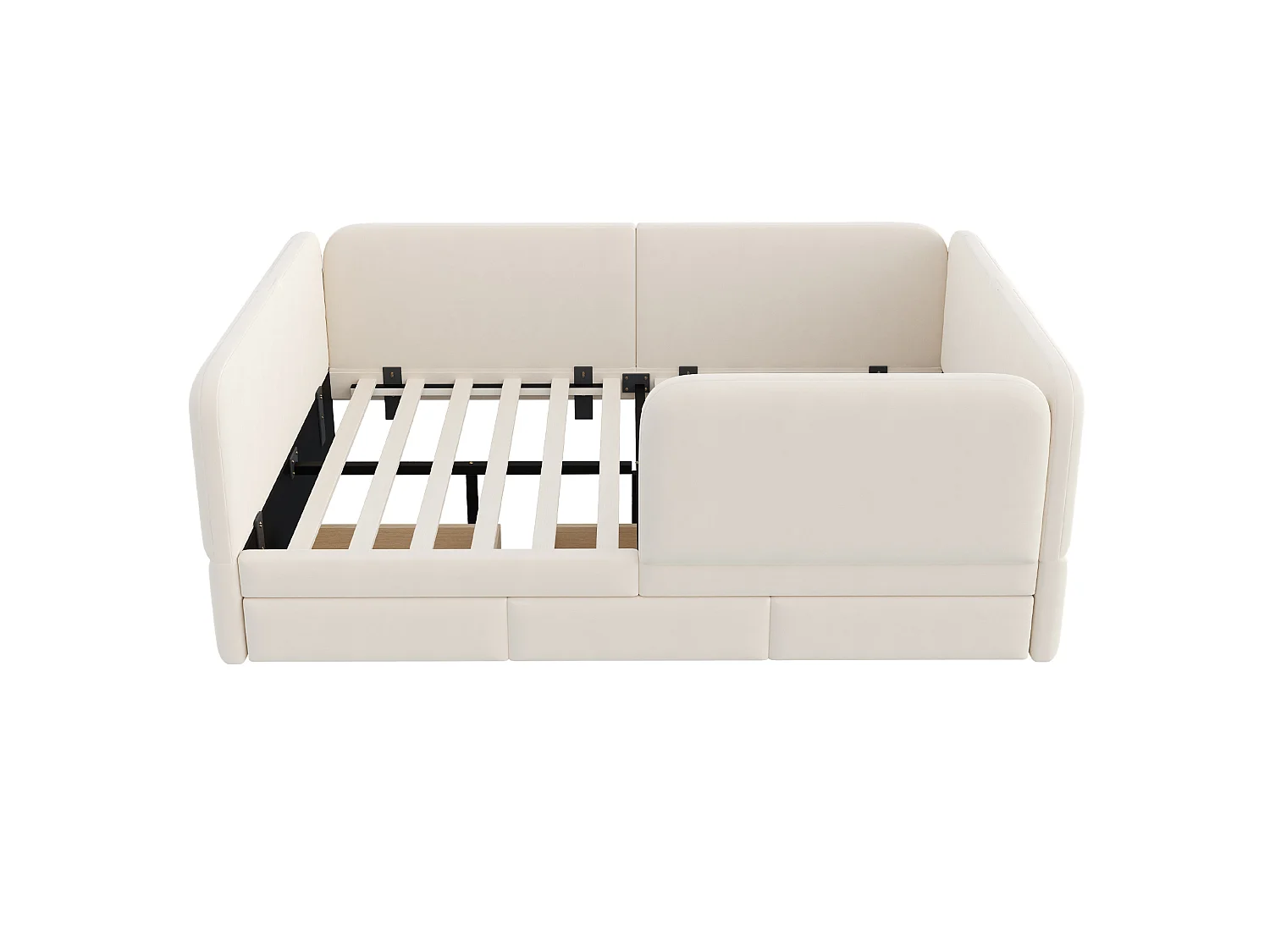 Lit enfant 140x200 beige, rembourré, avec tiroirs et coins arrondis, pour chambre d'ado
