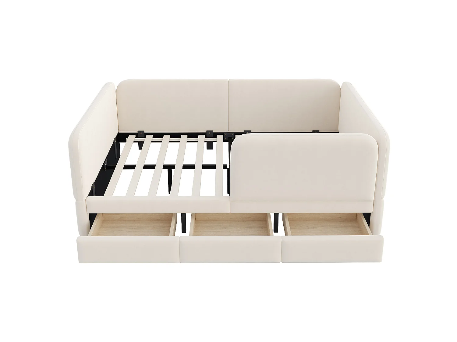 Lit enfant 140x200 beige, rembourré, avec tiroirs et coins arrondis, pour chambre d'ado