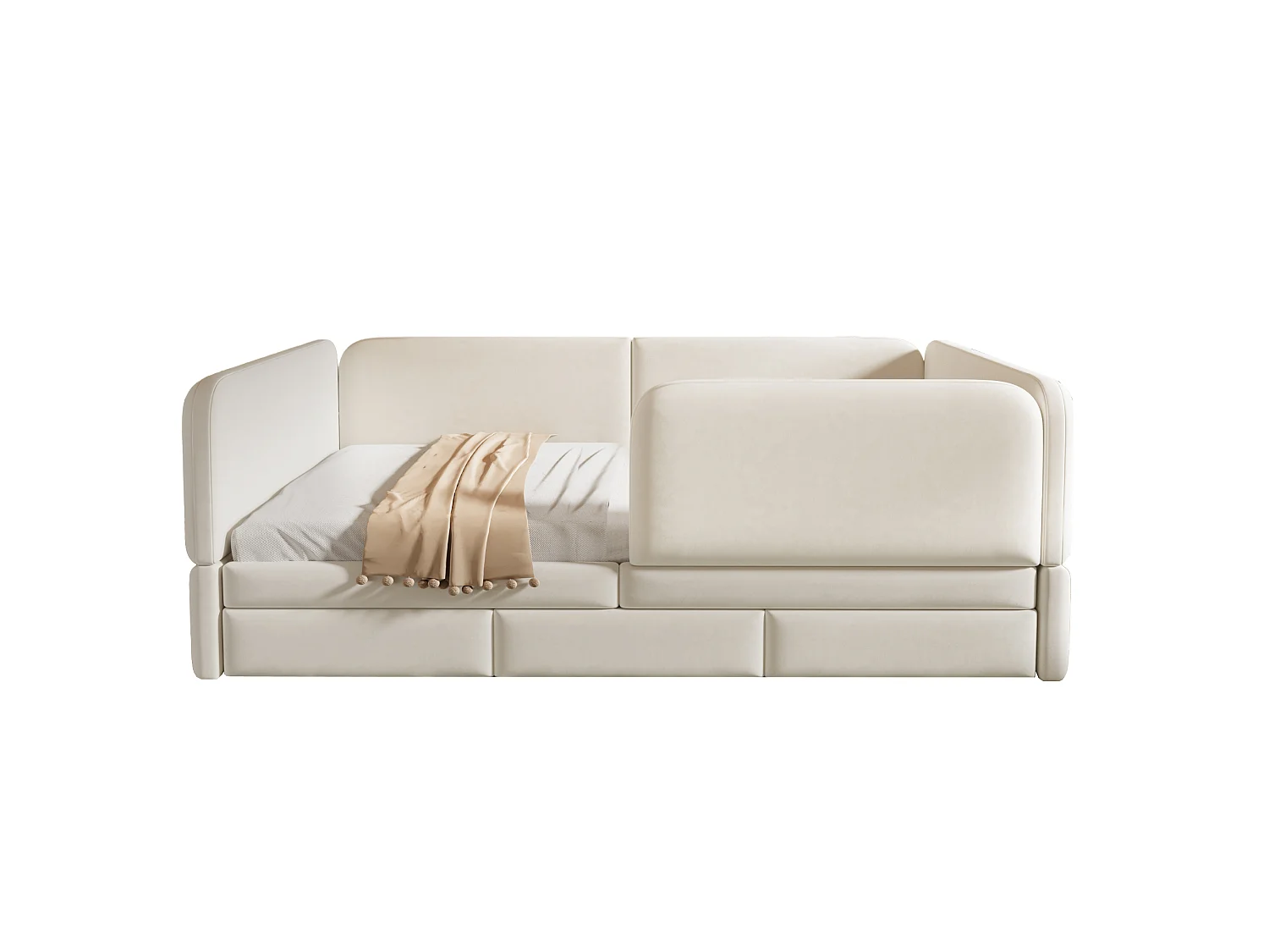 Lit enfant 140x200 beige, rembourré, avec tiroirs et coins arrondis, pour chambre d'ado