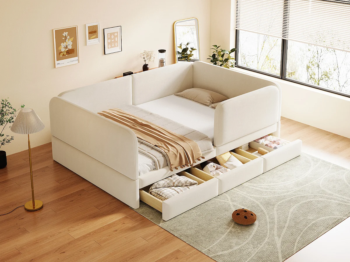 Lit enfant 140x200 beige, rembourré, avec tiroirs et coins arrondis, pour chambre d'ado