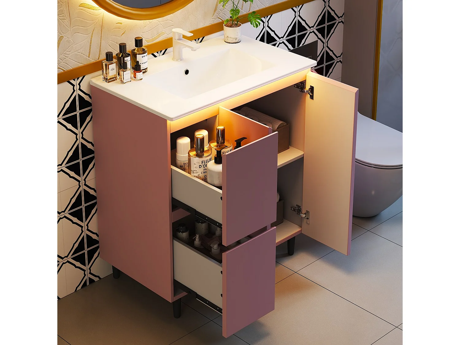 Meuble de salle de bain sur pieds avec vasque à encastrer - 2 tiroirs et LED - Rose