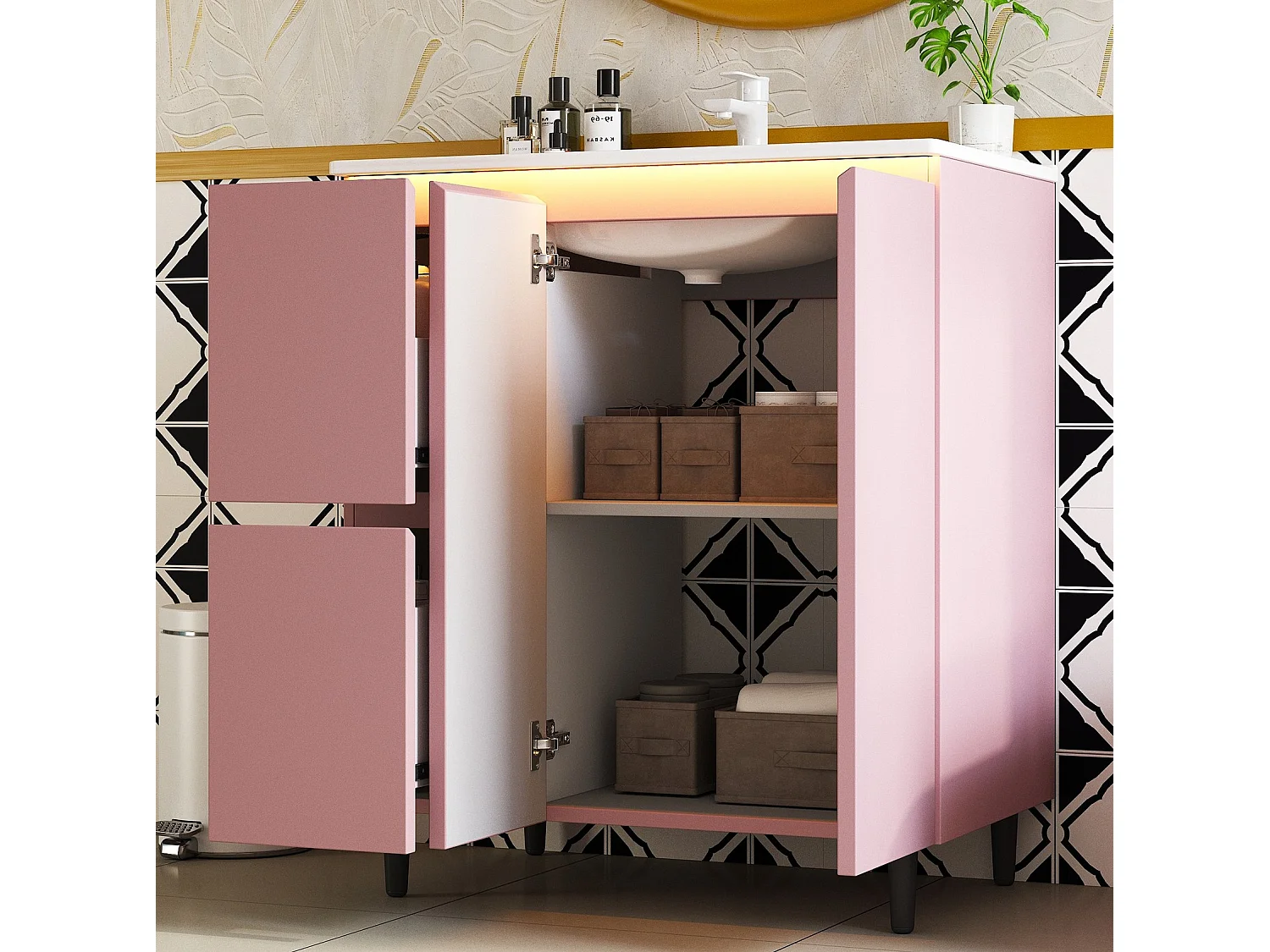 Meuble de salle de bain sur pieds avec vasque à encastrer - 2 tiroirs et LED - Rose