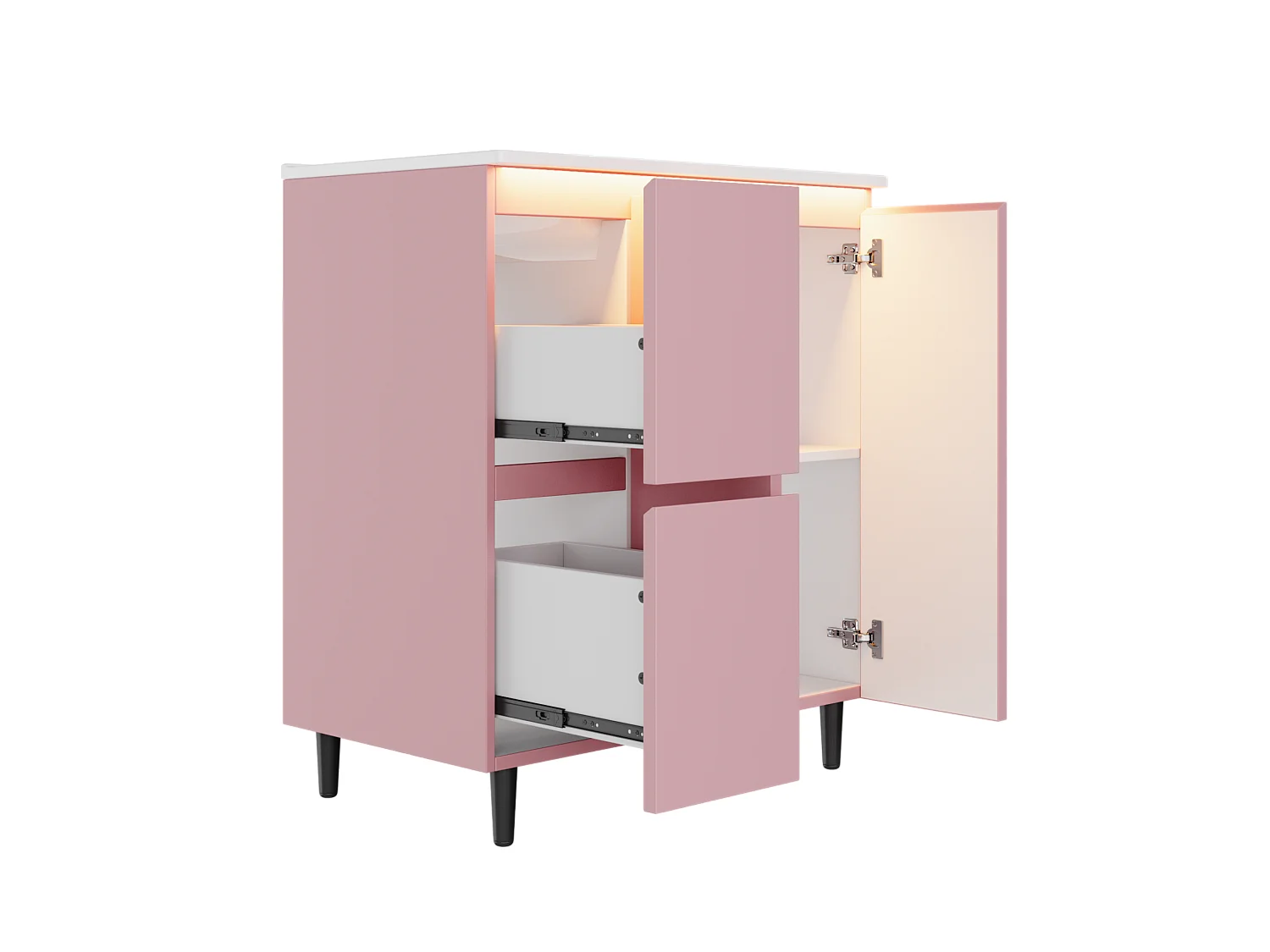 Meuble de salle de bain sur pieds avec vasque à encastrer - 2 tiroirs et LED - Rose