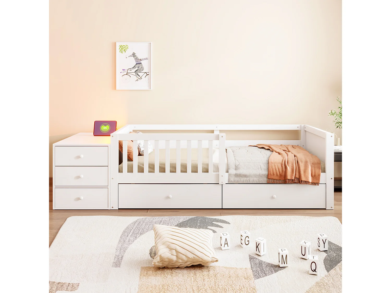Lit enfant 90 x 200 cm avec prise, LED et 4 tiroir - Blanc