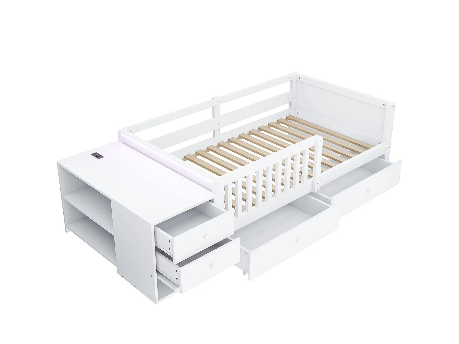 Lit enfant 90 x 200 cm avec prise, LED et 4 tiroir - Blanc