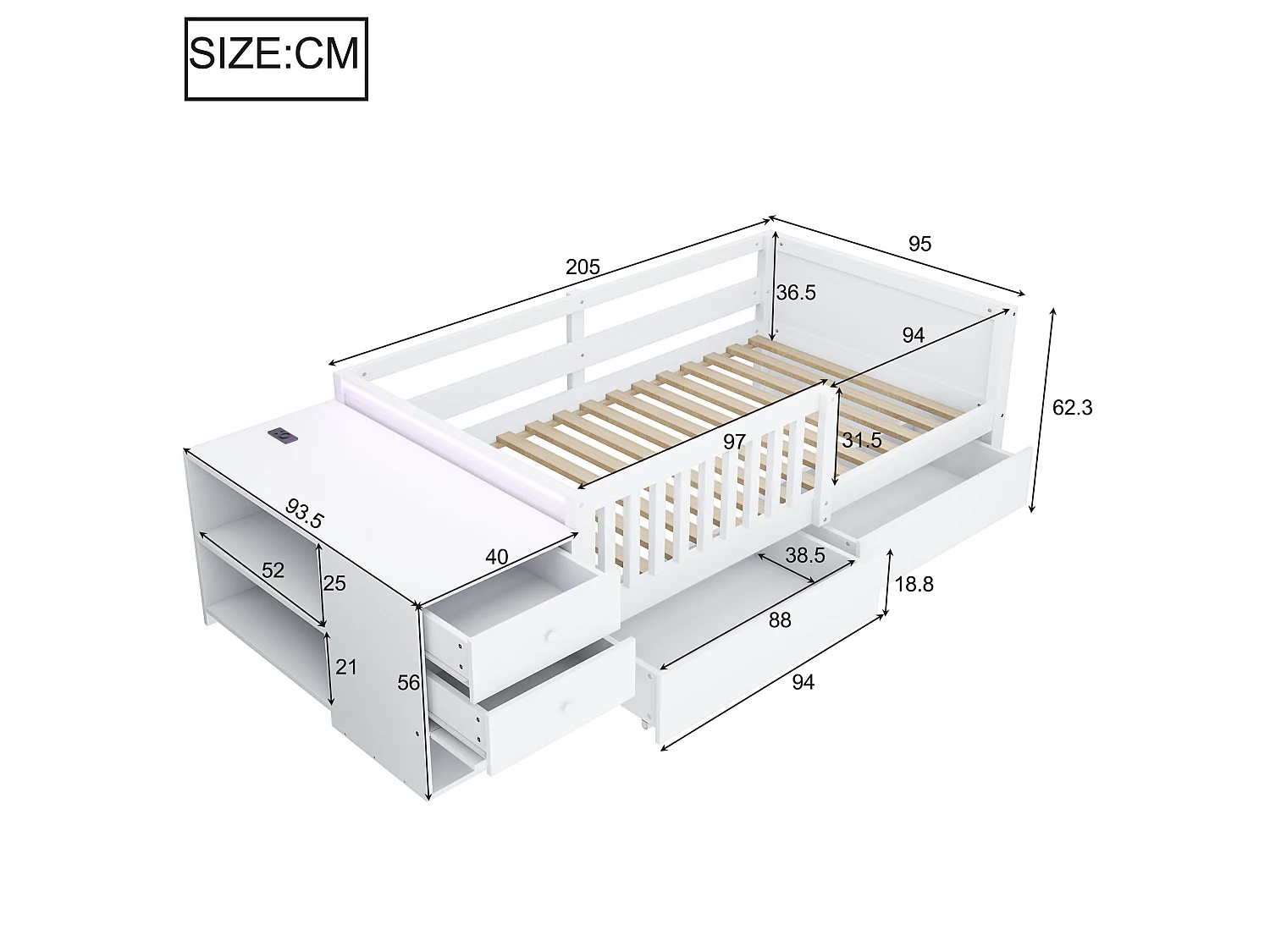 Lit enfant 90 x 200 cm avec prise, LED et 4 tiroir - Blanc