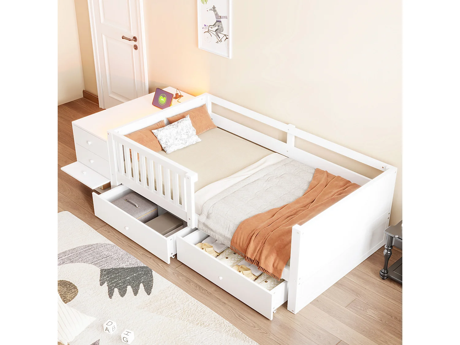 Lit enfant 90 x 200 cm avec prise, LED et 4 tiroir - Blanc