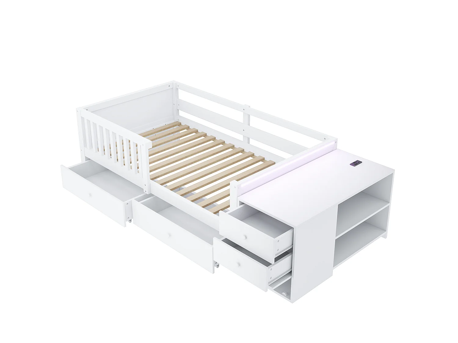 Lit enfant 90 x 200 cm avec prise, LED et 4 tiroir - Blanc