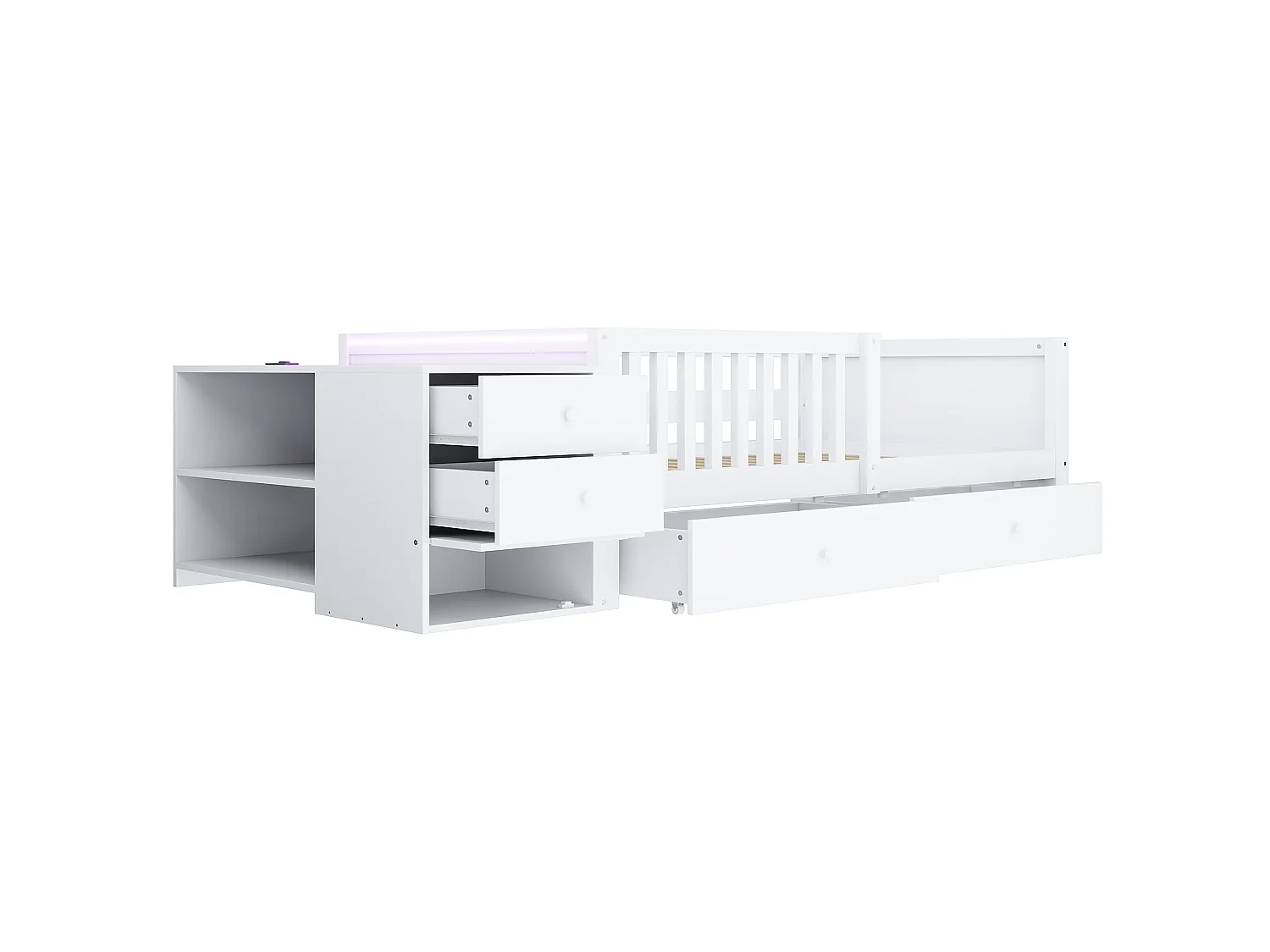 Lit enfant 90 x 200 cm avec prise, LED et 4 tiroir - Blanc