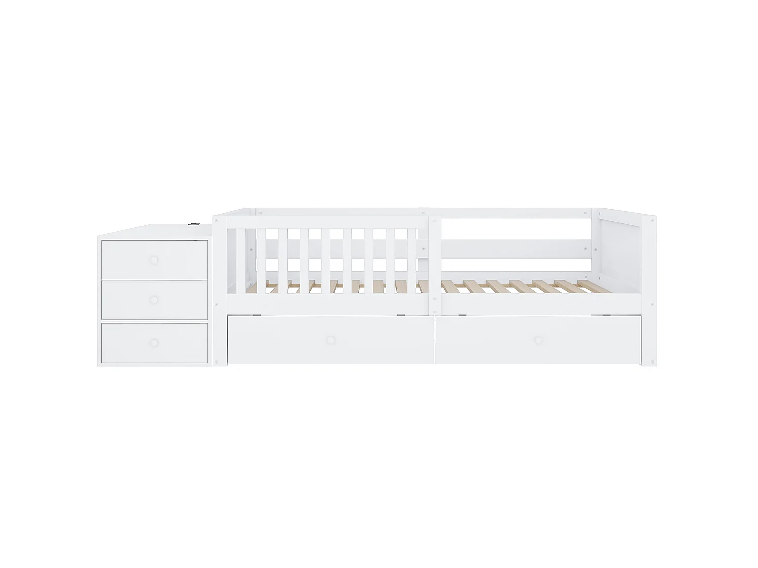 Lit enfant 90 x 200 cm avec prise, LED et 4 tiroir - Blanc