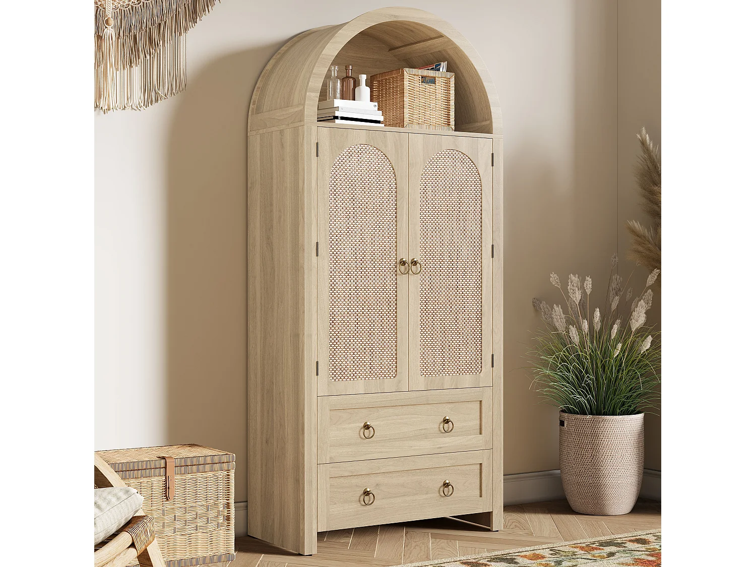Colonne de rangement en chêne clair 180 cm, portes en rotin, 2 tiroirs, style arche