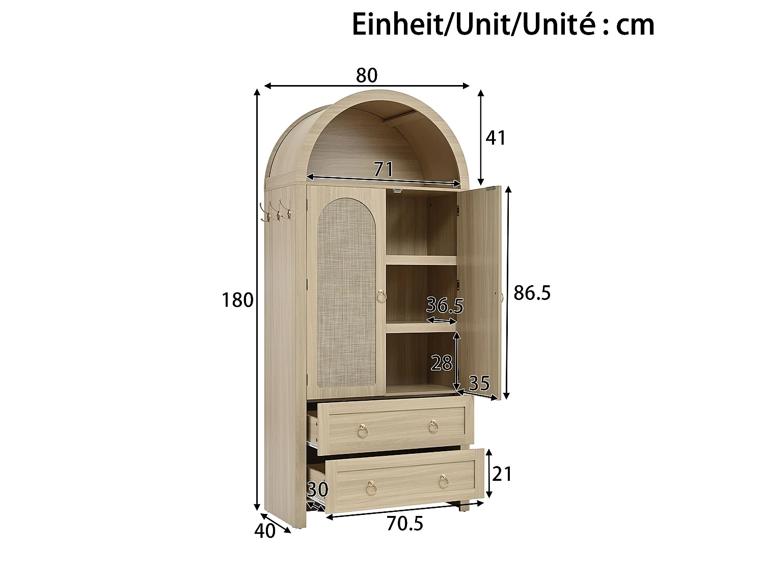 Colonne de rangement en chêne clair 180 cm, portes en rotin, 2 tiroirs, style arche