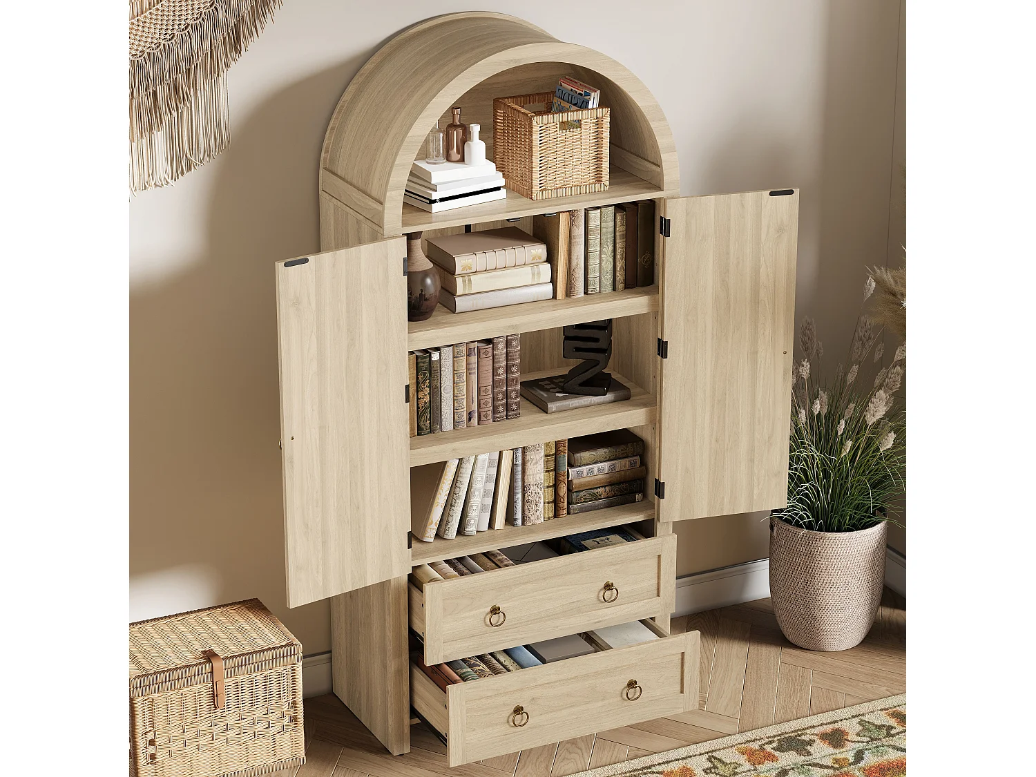 Colonne de rangement en chêne clair 180 cm, portes en rotin, 2 tiroirs, style arche