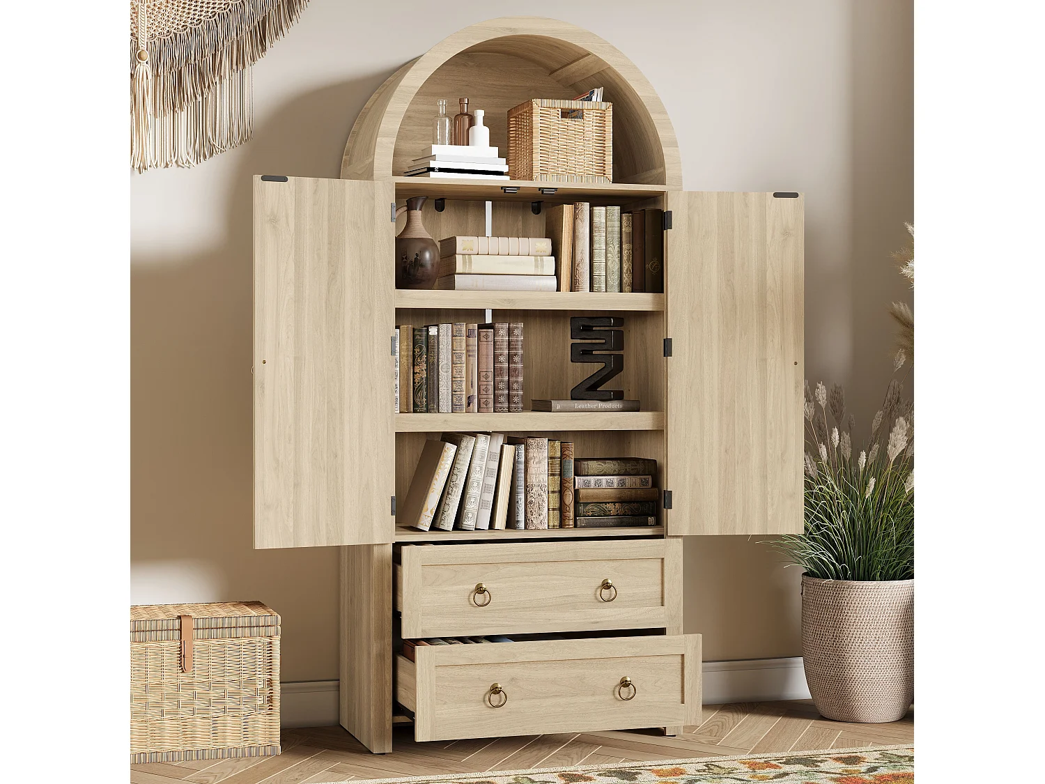 Colonne de rangement en chêne clair 180 cm, portes en rotin, 2 tiroirs, style arche