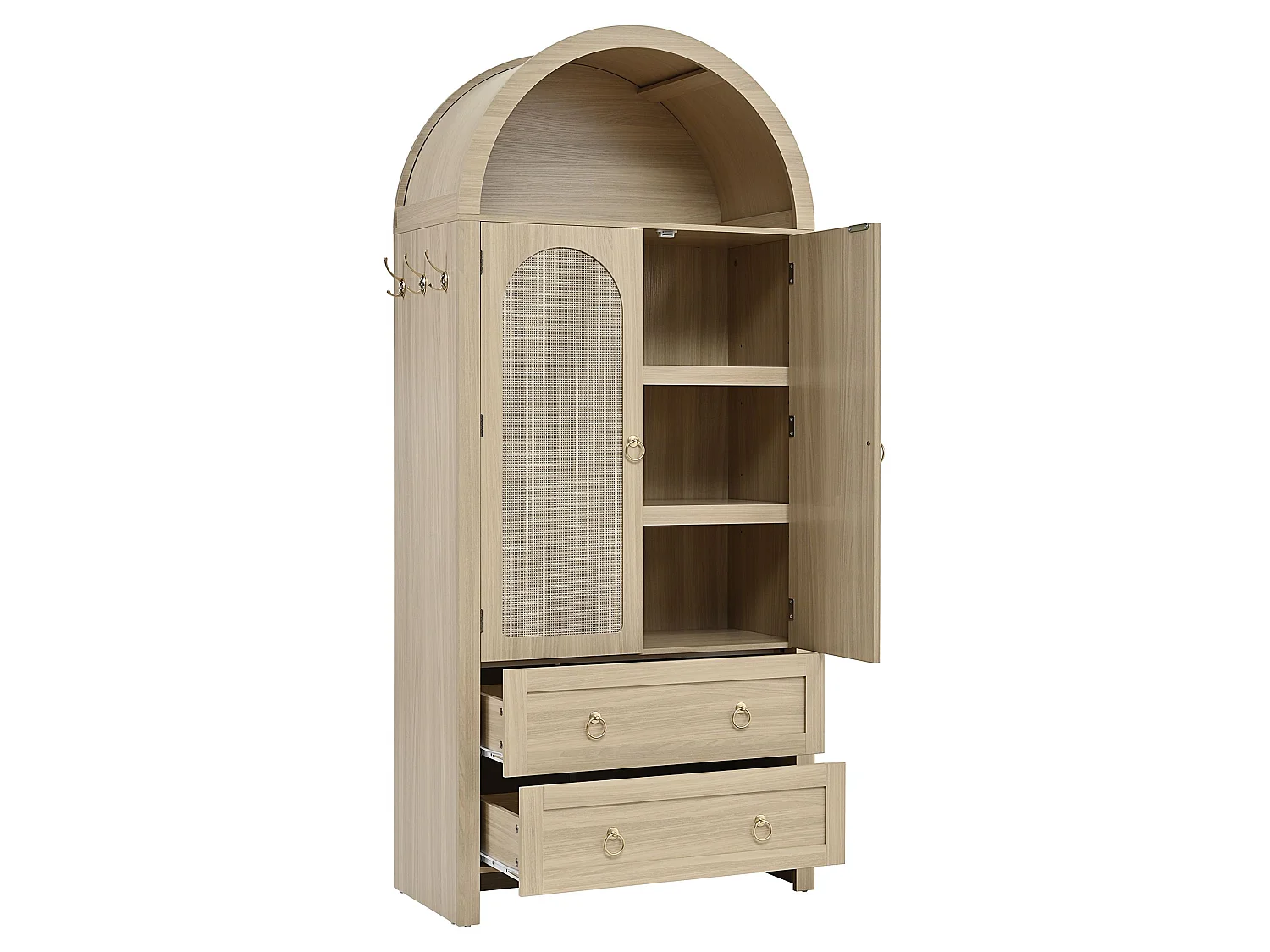 Colonne de rangement en chêne clair 180 cm, portes en rotin, 2 tiroirs, style arche