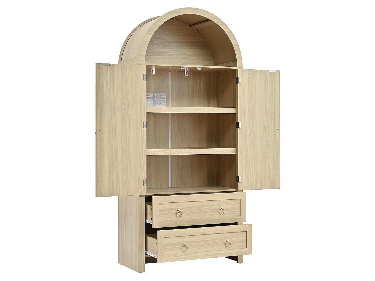 Colonne de rangement en chêne clair 180 cm, portes en rotin, 2 tiroirs, style arche