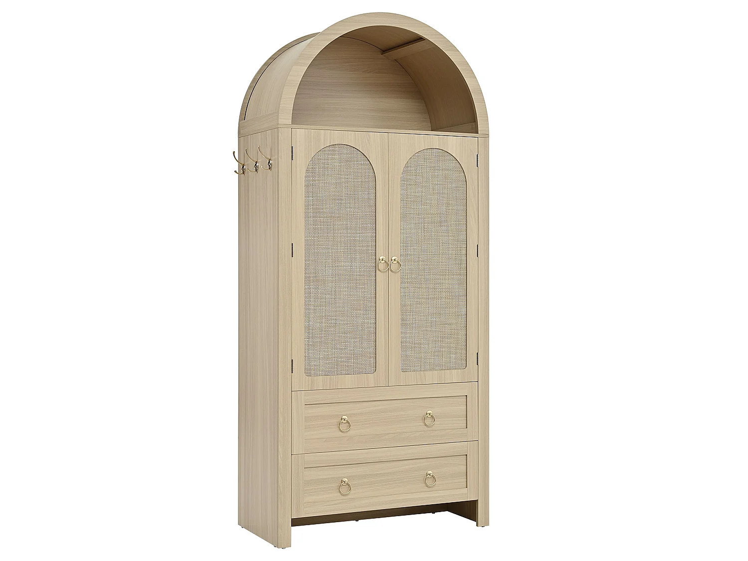 Colonne de rangement en chêne clair 180 cm, portes en rotin, 2 tiroirs, style arche