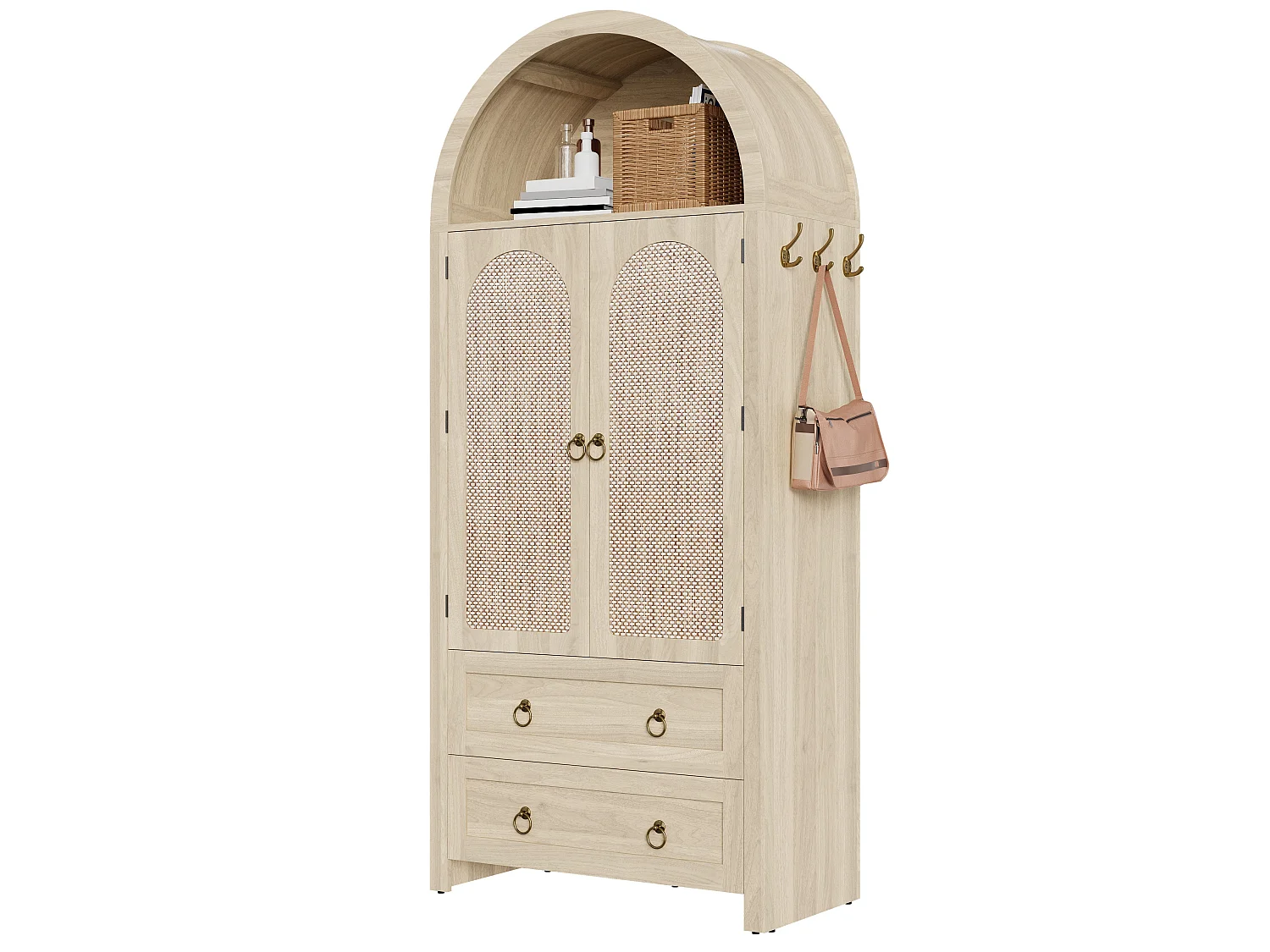Colonne de rangement en chêne clair 180 cm, portes en rotin, 2 tiroirs, style arche