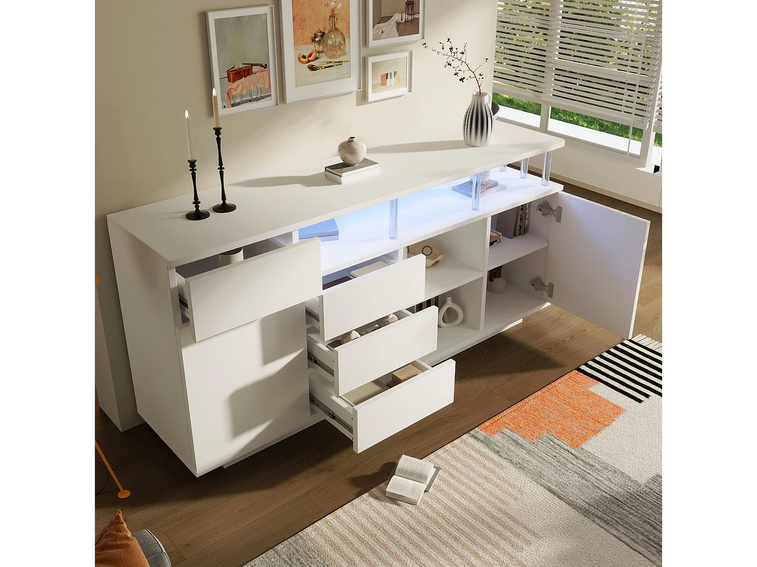 Credenza bianca 160x40x75 cm con illuminazione a LED, 4 cassetti e 2 ante