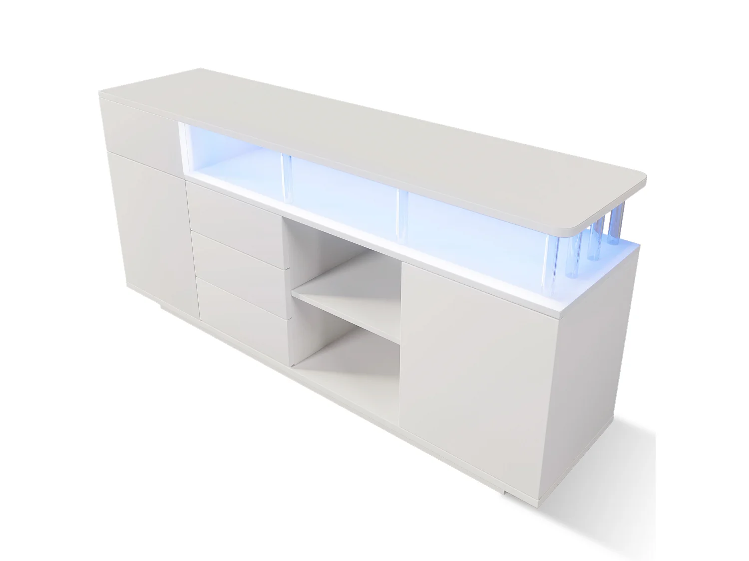 Credenza bianca 160x40x75 cm con illuminazione a LED, 4 cassetti e 2 ante