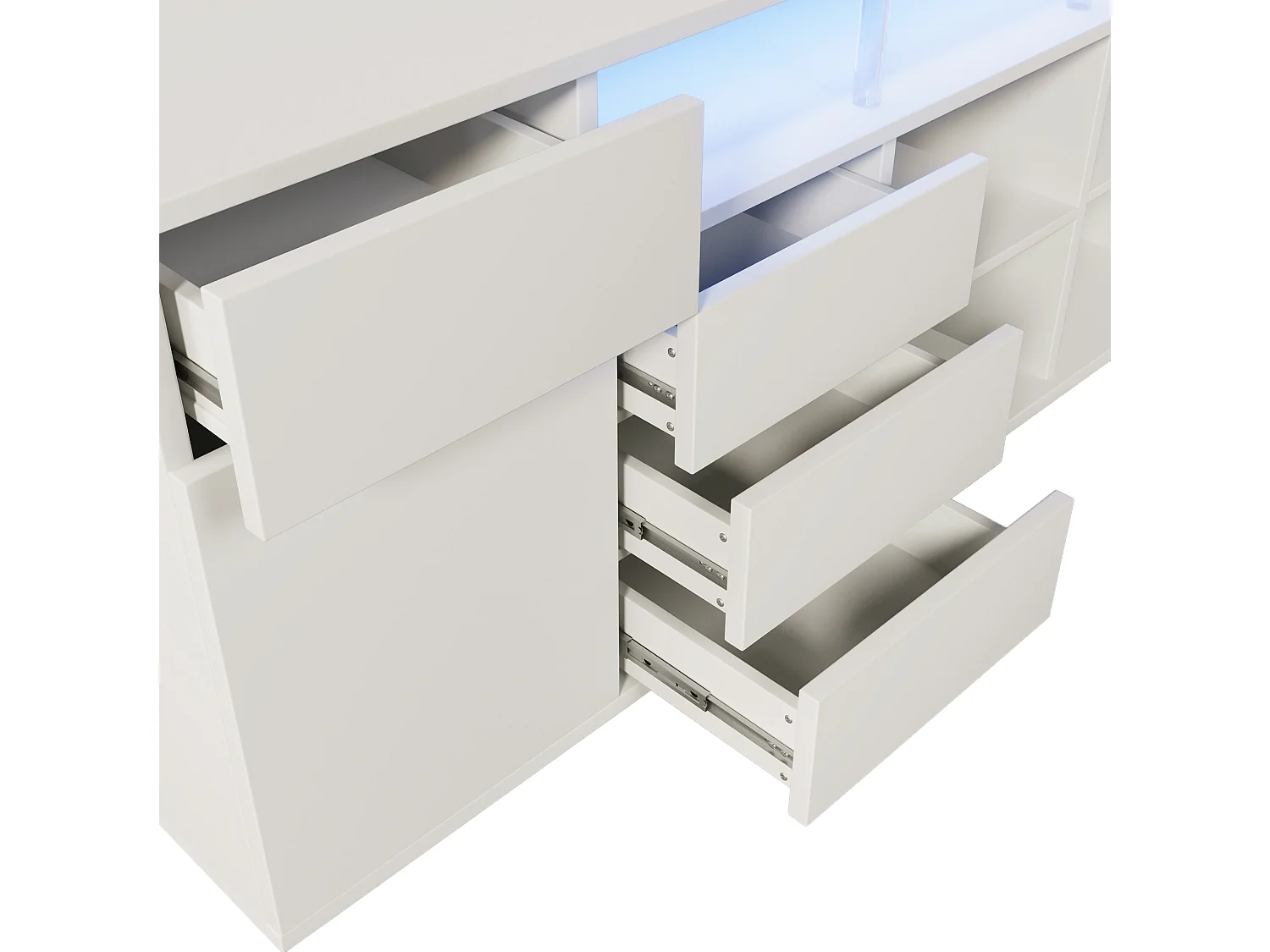 Credenza bianca 160x40x75 cm con illuminazione a LED, 4 cassetti e 2 ante