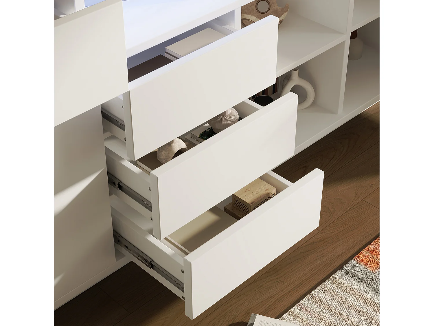 Credenza bianca 160x40x75 cm con illuminazione a LED, 4 cassetti e 2 ante