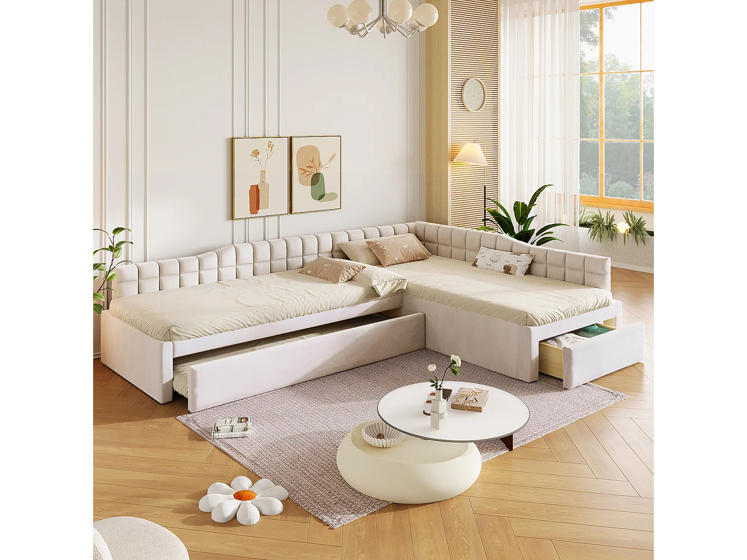 Lit enfant en forme de L 90x200 cm avec lit gigogne 90x190 cm et tiroir - Tissu beige