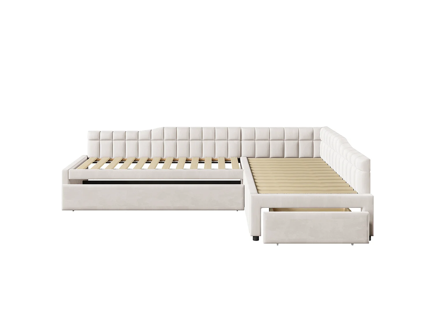 Lit enfant en forme de L 90x200 cm avec lit gigogne 90x190 cm et tiroir - Tissu beige