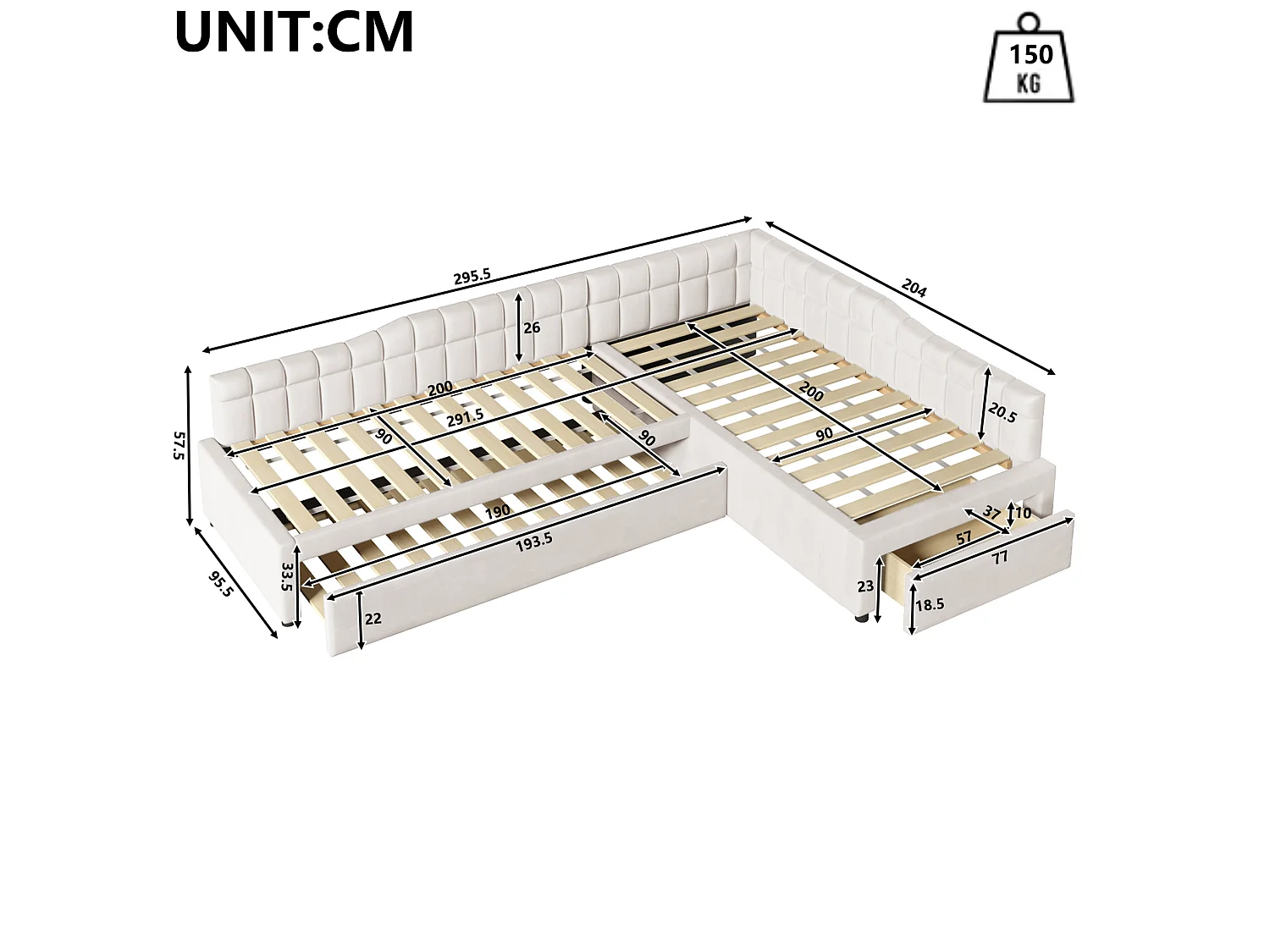 Lit enfant en forme de L 90x200 cm avec lit gigogne 90x190 cm et tiroir - Tissu beige