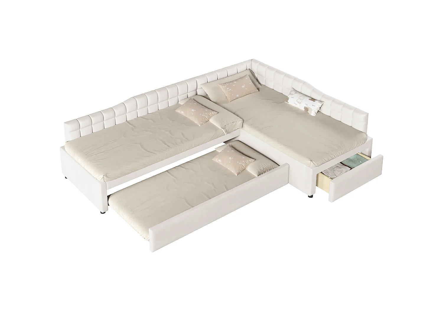Lit enfant en forme de L 90x200 cm avec lit gigogne 90x190 cm et tiroir - Tissu beige