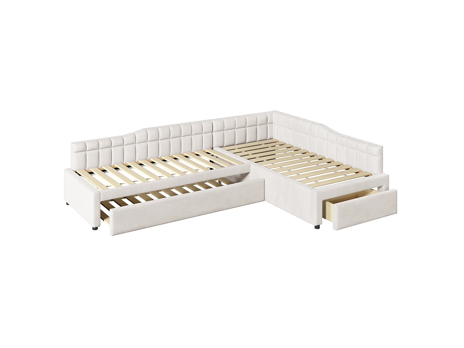 Lit enfant en forme de L 90x200 cm avec lit gigogne 90x190 cm et tiroir - Tissu beige