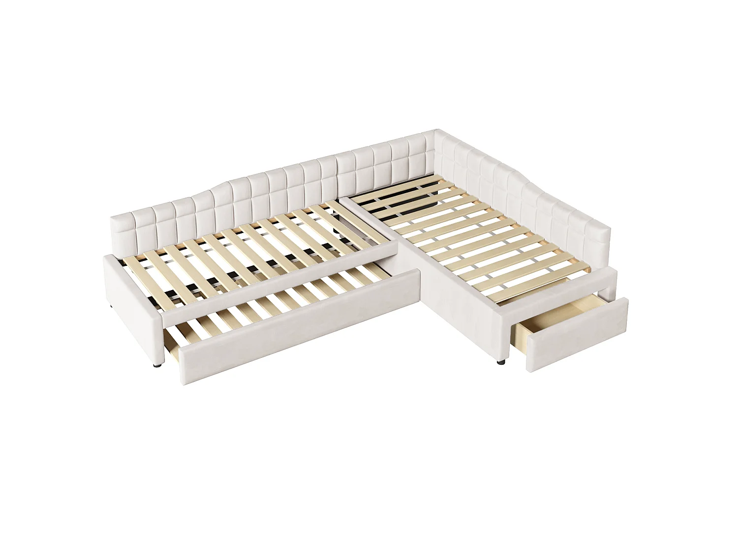 Lit enfant en forme de L 90x200 cm avec lit gigogne 90x190 cm et tiroir - Tissu beige
