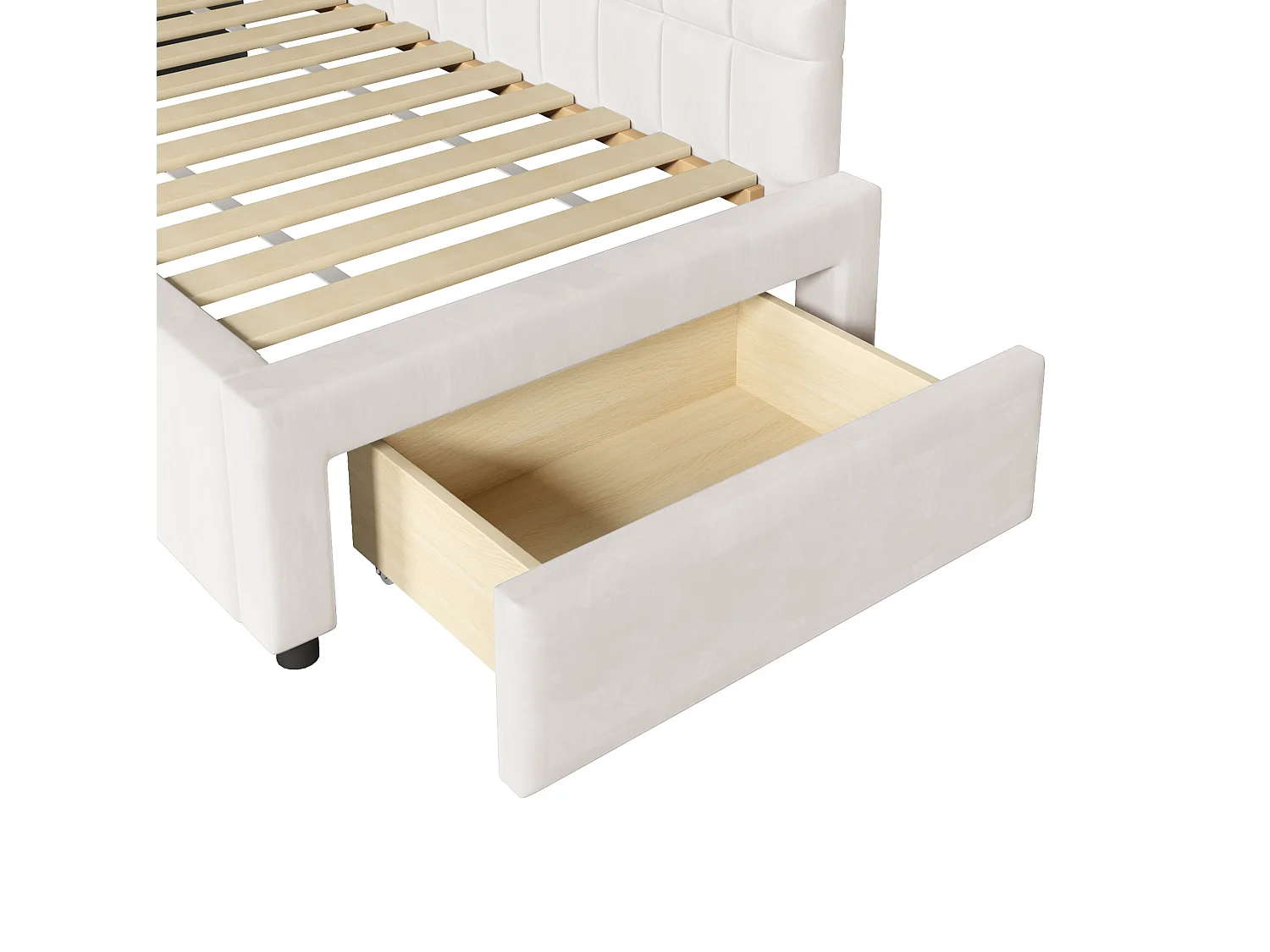 Lit enfant en forme de L 90x200 cm avec lit gigogne 90x190 cm et tiroir - Tissu beige