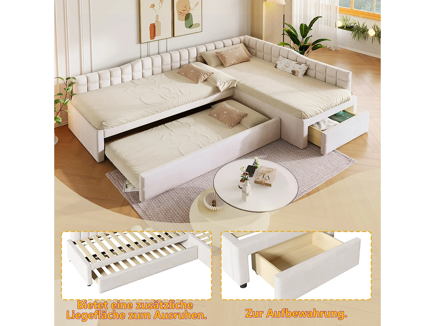 Lit enfant en forme de L 90x200 cm avec lit gigogne 90x190 cm et tiroir - Tissu beige