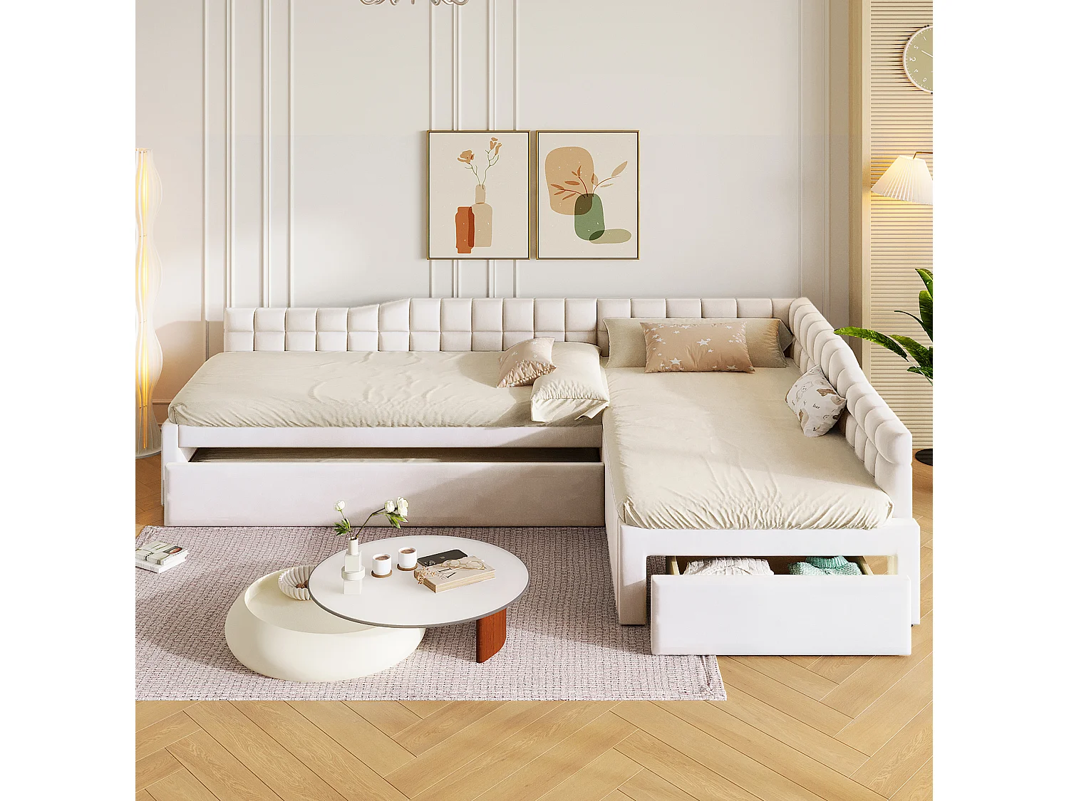 Lit enfant en forme de L 90x200 cm avec lit gigogne 90x190 cm et tiroir - Tissu beige