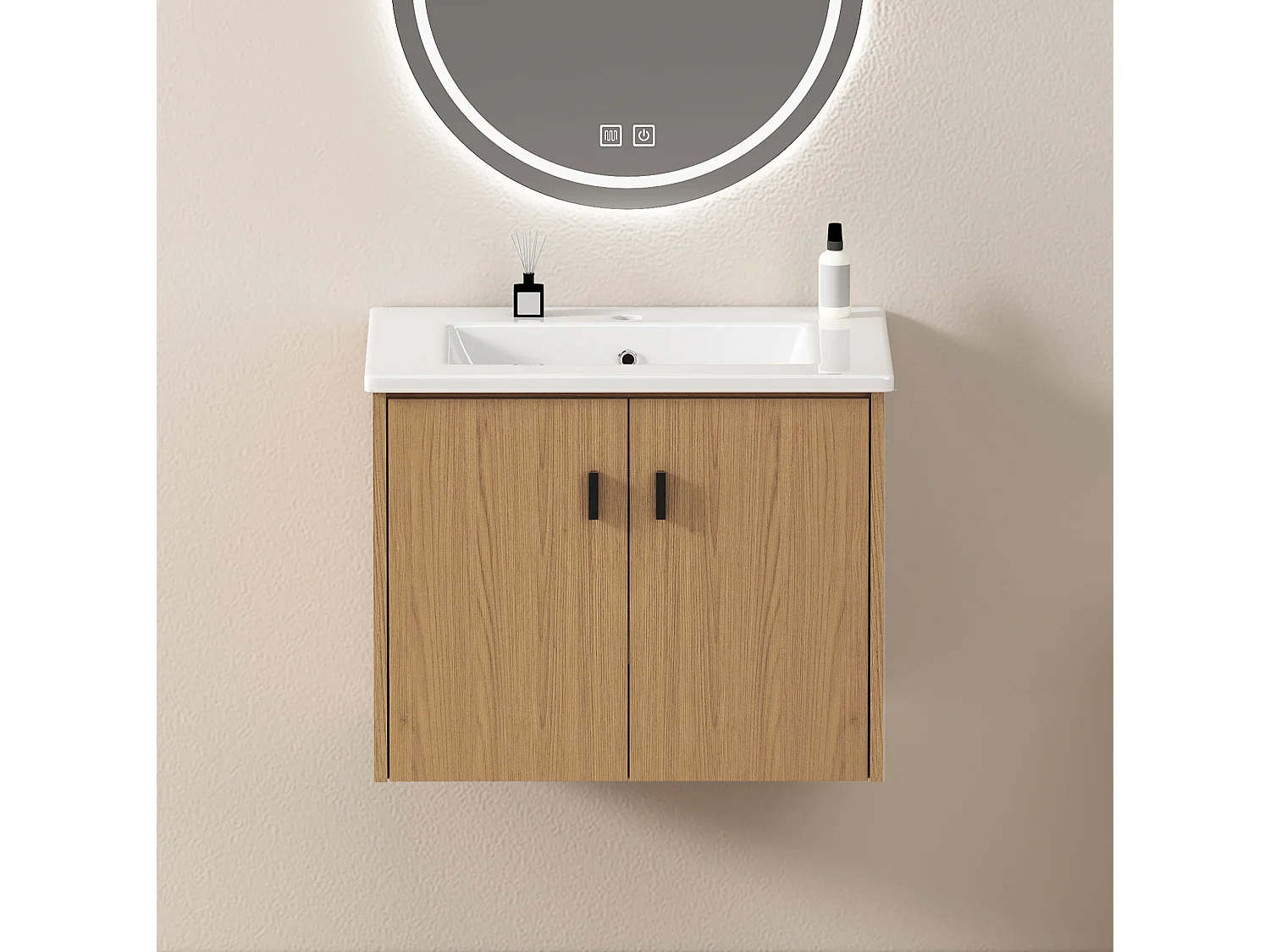Meuble de salle de bain suspendu 60.8 cm avec vasque en céramique - Couleur bois