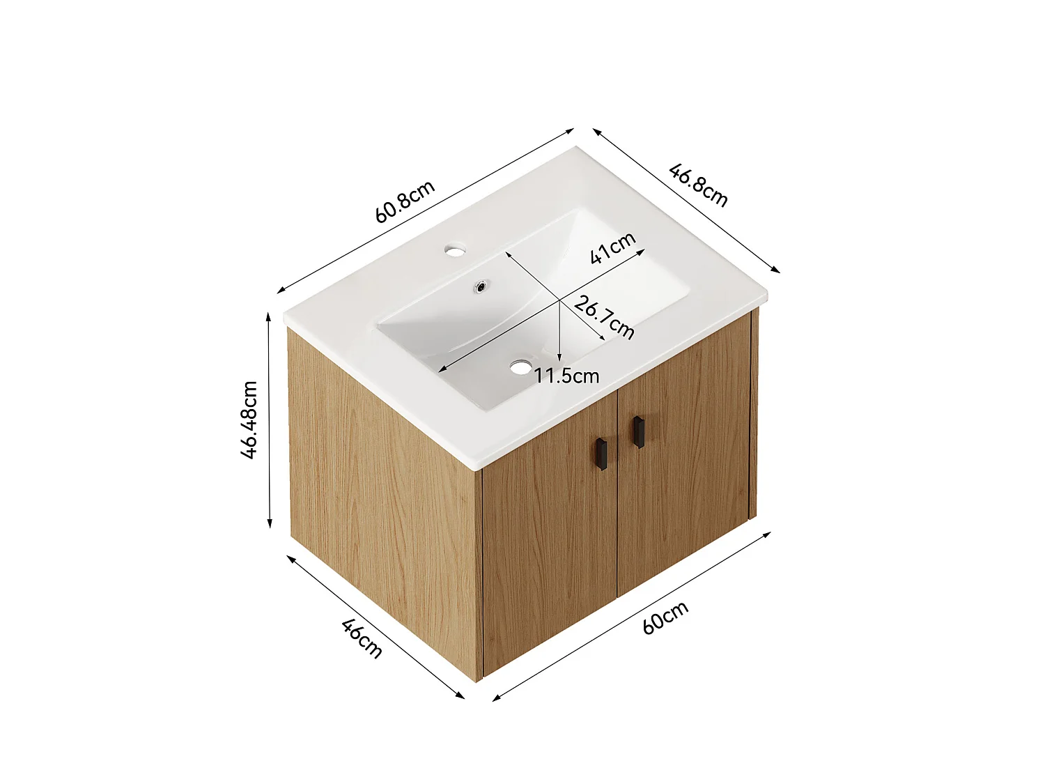 Meuble de salle de bain suspendu 60.8 cm avec vasque en céramique - Couleur bois