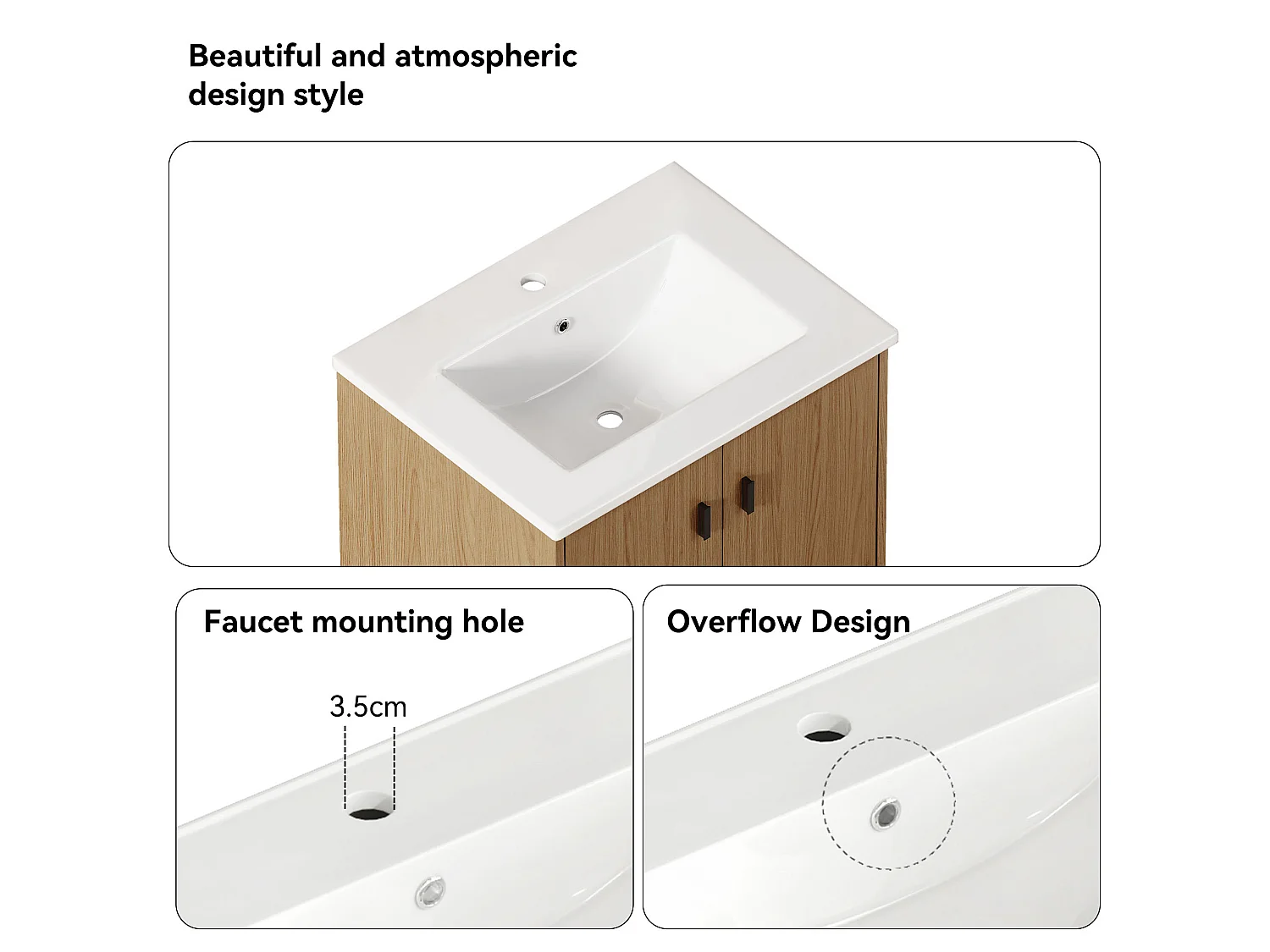 Meuble de salle de bain suspendu 60.8 cm avec vasque en céramique - Couleur bois