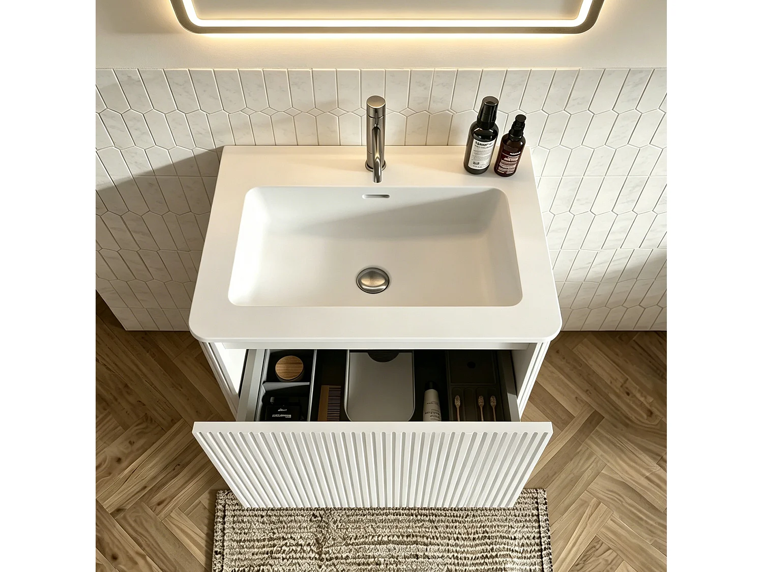 Mobile bagno sospeso con lavabo a incasso e cassetto – Bianco – 61 cm